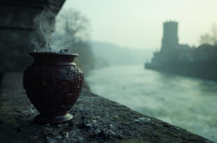 Ceramic urn on stone ledge beside misty river with medieval tower in background