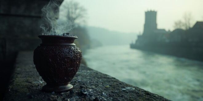 Ceramic urn on stone ledge beside misty river with medieval tower in background
