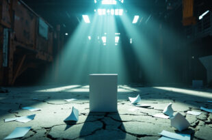 Empty ballot box on concrete floor surrounded by rusted industrial machinery and scattered papers
