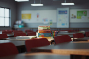 Empty classroom with German textbooks, multilingual learning materials, and wooden desks arranged in rows