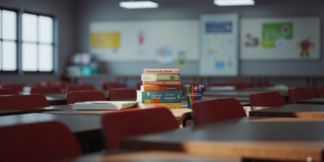 Empty classroom with German textbooks, multilingual learning materials, and wooden desks arranged in rows