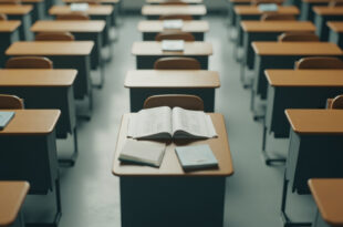 Empty classroom desk with open mathematics textbook and pencils, showing educational materials in muted lighting