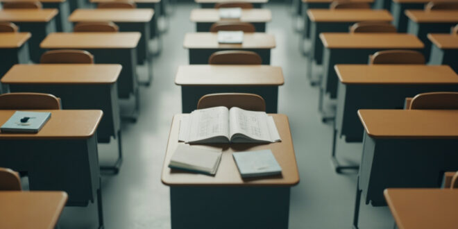 Empty classroom desk with open mathematics textbook and pencils, showing educational materials in muted lighting