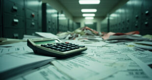 Calculator and stacks of medical bills on government desk with red warning folders