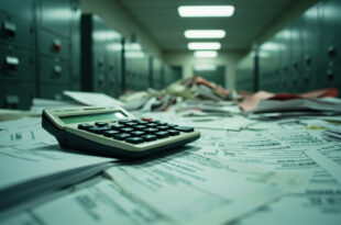 Calculator and stacks of medical bills on government desk with red warning folders