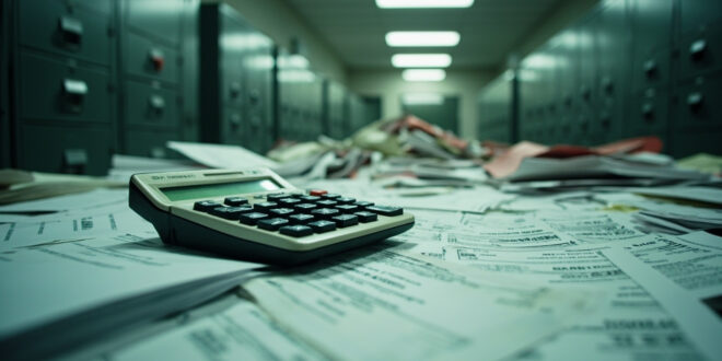 Calculator and stacks of medical bills on government desk with red warning folders