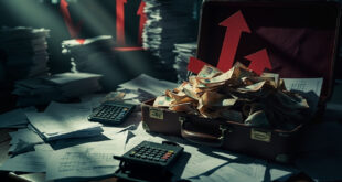 Stack of budget papers with calculator showing rising numbers, euro bills scattered around dark wooden desk
