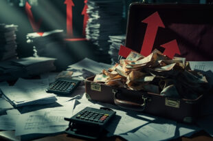 Stack of budget papers with calculator showing rising numbers, euro bills scattered around dark wooden desk