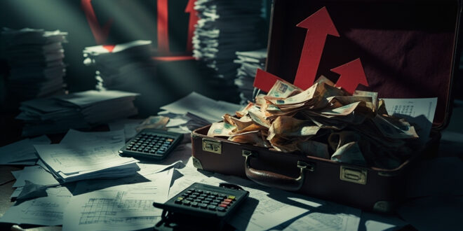 Stack of budget papers with calculator showing rising numbers, euro bills scattered around dark wooden desk