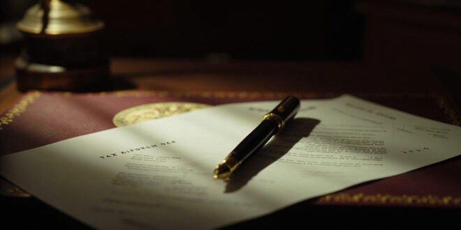 Golden fountain pen on tax reform documents with official government seal on mahogany desk