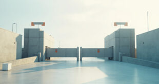 Steel border gate with concrete barriers and control mechanisms at checkpoint crossing