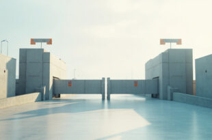 Steel border gate with concrete barriers and control mechanisms at checkpoint crossing