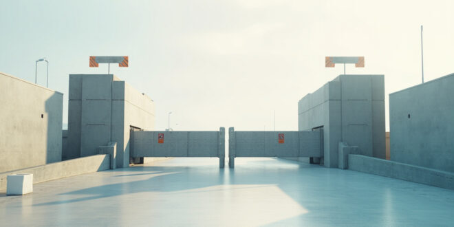 Steel border gate with concrete barriers and control mechanisms at checkpoint crossing