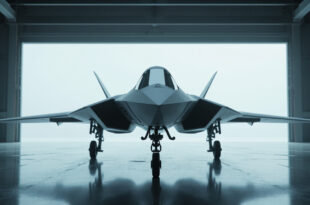 Modern unmanned fighter aircraft with angular design positioned in manufacturing hangar under industrial lighting