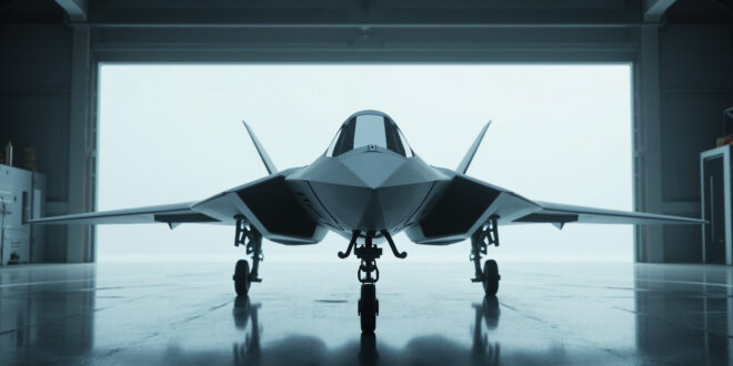 Modern unmanned fighter aircraft with angular design positioned in manufacturing hangar under industrial lighting