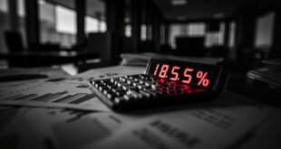Calculator displaying percentage reductions beside budget charts and financial planning documents in stark black and white with red accents