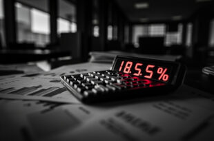 Calculator displaying percentage reductions beside budget charts and financial planning documents in stark black and white with red accents