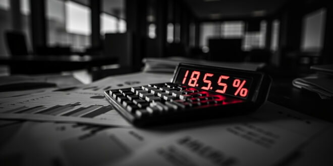 Calculator displaying percentage reductions beside budget charts and financial planning documents in stark black and white with red accents