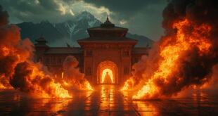 Smoke billows from ornate Nepalese government palace building with traditional architecture against mountain silhouette