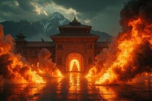 Smoke billows from ornate Nepalese government palace building with traditional architecture against mountain silhouette