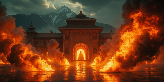 Smoke billows from ornate Nepalese government palace building with traditional architecture against mountain silhouette