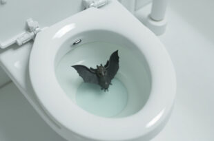 Dead bat floating in white toilet bowl in minimalist bathroom setting