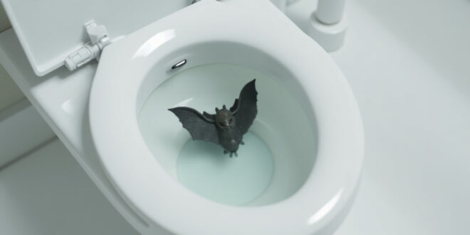 Dead bat floating in white toilet bowl in minimalist bathroom setting