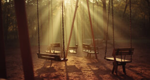 Two empty park benches under old oak trees with vintage playground equipment in soft sepia tones