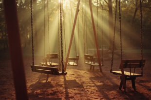 Two empty park benches under old oak trees with vintage playground equipment in soft sepia tones