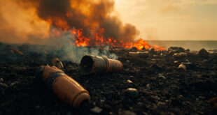 Rusted World War Two shells and ordnance scattered across charred moorland with smoke rising from smoldering peat