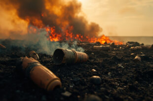 Rusted World War Two shells and ordnance scattered across charred moorland with smoke rising from smoldering peat