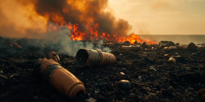 Rusted World War Two shells and ordnance scattered across charred moorland with smoke rising from smoldering peat