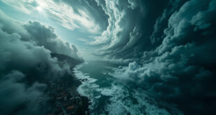 Aerial view of massive typhoon spiral with dark churning waters and coastal flooding below