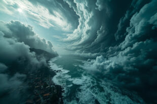 Aerial view of massive typhoon spiral with dark churning waters and coastal flooding below
