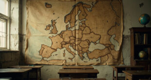 Historical map of Central Europe from 1914 displaying territorial boundaries hanging in empty classroom setting