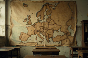 Historical map of Central Europe from 1914 displaying territorial boundaries hanging in empty classroom setting