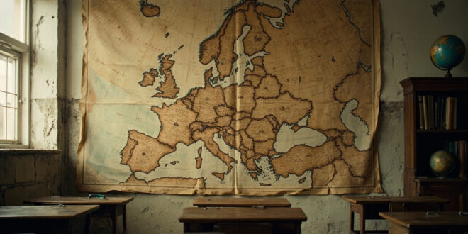 Historical map of Central Europe from 1914 displaying territorial boundaries hanging in empty classroom setting
