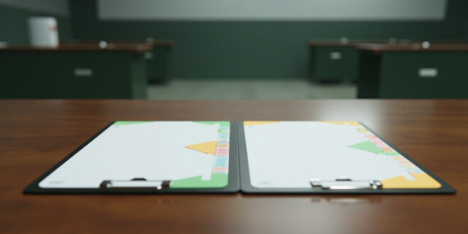 Two clipboards with forms on official desk, one section empty, representing unequal military service requirements.