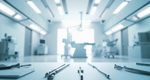 Surgical instruments and medical charts arranged on sterile surface in modern operating room