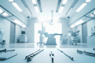Surgical instruments and medical charts arranged on sterile surface in modern operating room