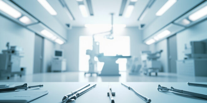 Surgical instruments and medical charts arranged on sterile surface in modern operating room