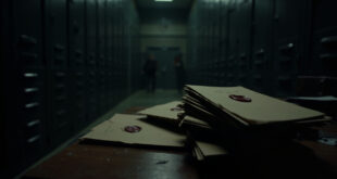 Sealed government files and folders stacked on wooden desk in dimly lit office setting