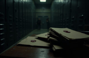 Sealed government files and folders stacked on wooden desk in dimly lit office setting