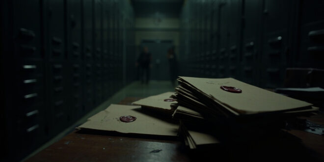 Sealed government files and folders stacked on wooden desk in dimly lit office setting
