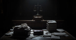 Scattered legal documents and briefcase on dark wooden courtroom table with dramatic lighting