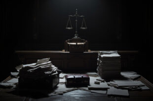Scattered legal documents and briefcase on dark wooden courtroom table with dramatic lighting