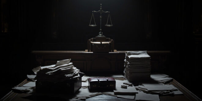 Scattered legal documents and briefcase on dark wooden courtroom table with dramatic lighting