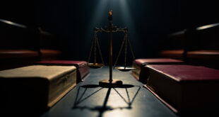 Tilted golden scales of justice on wooden desk with constitutional law books and scattered legal papers in dramatic lighting