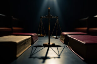 Tilted golden scales of justice on wooden desk with constitutional law books and scattered legal papers in dramatic lighting