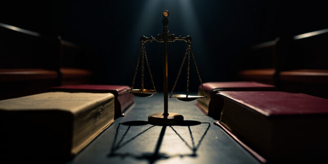 Tilted golden scales of justice on wooden desk with constitutional law books and scattered legal papers in dramatic lighting